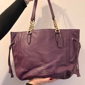 Coach Purple Leather Shoulder Tote with Gold Chain Details